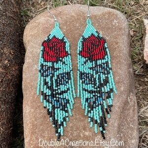 Rose Beaded Earrings, New, Handmade by Me